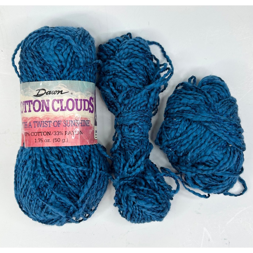 Vintage Dawn COTTON CLOUDS Yarn Teal Blue Cotton Rayon Blend 3-Skeins 94g total